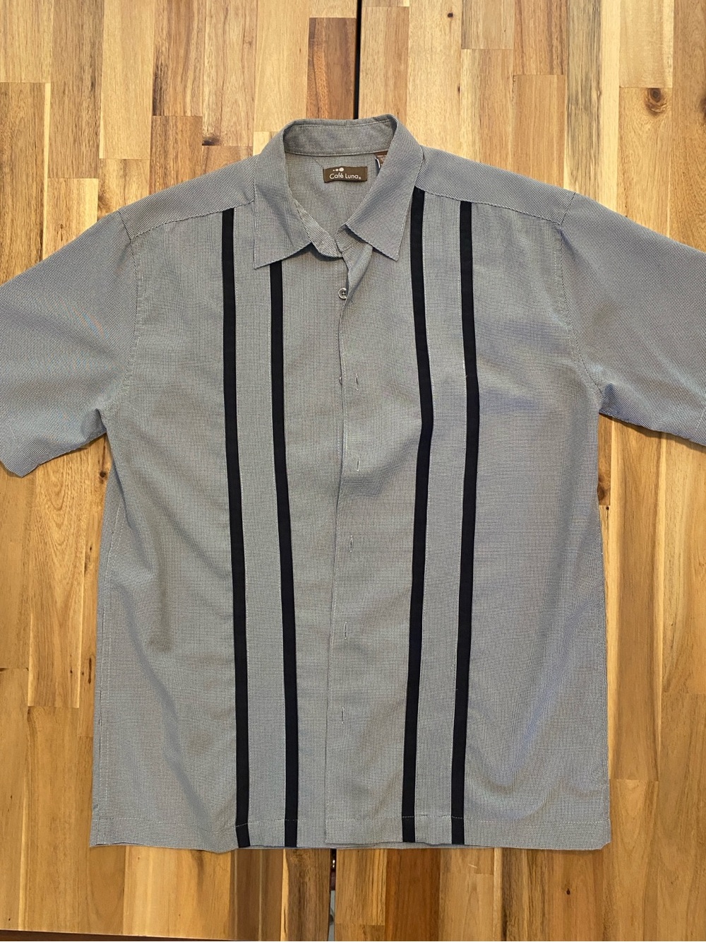 Calle Luna Men’s Grey Short-Sleeve Button-Up Shirt with Black Vertical Stripes